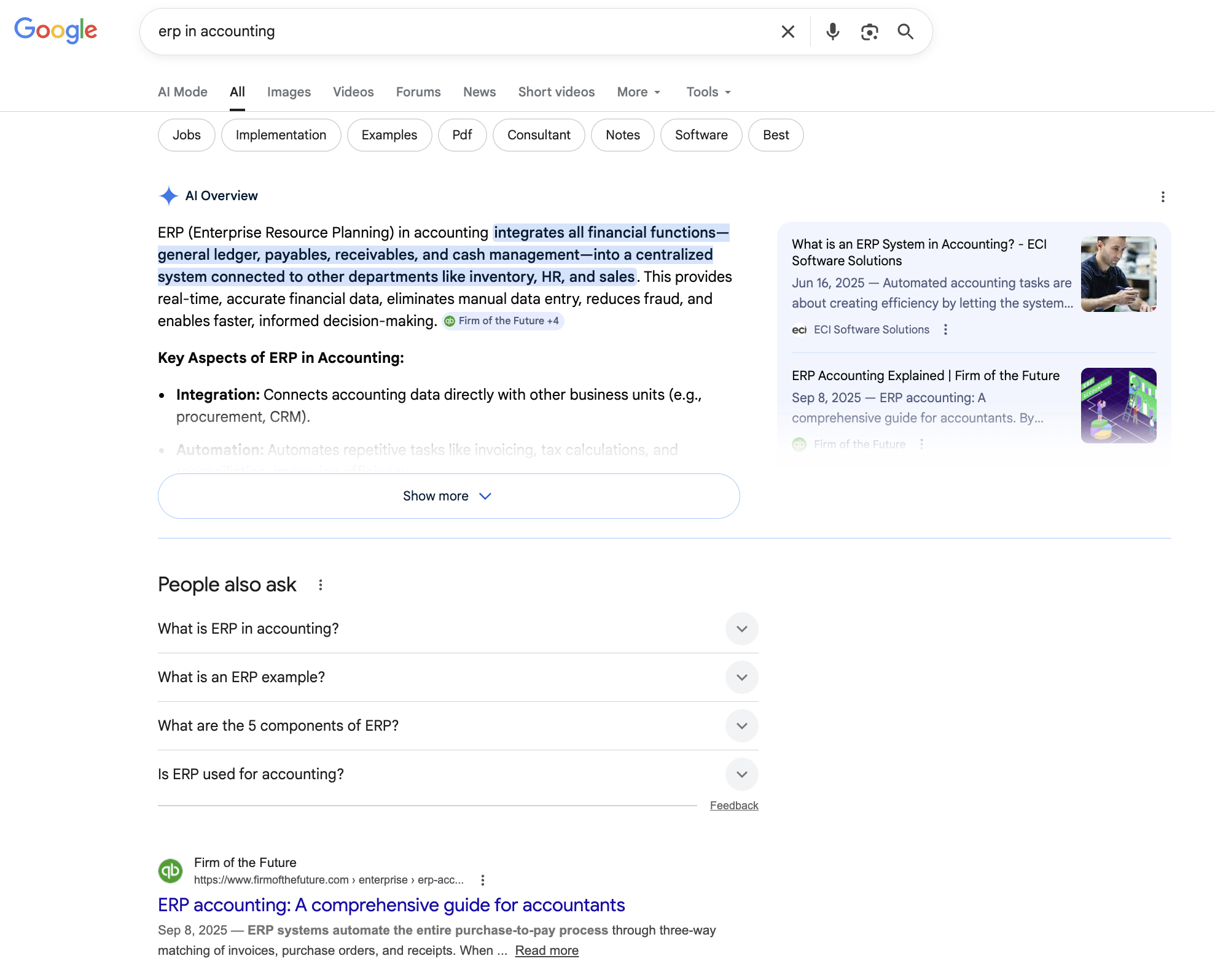 Google search results showing Firm of the Future cited in AI Overview and ranking #1 for 'erp in accounting'