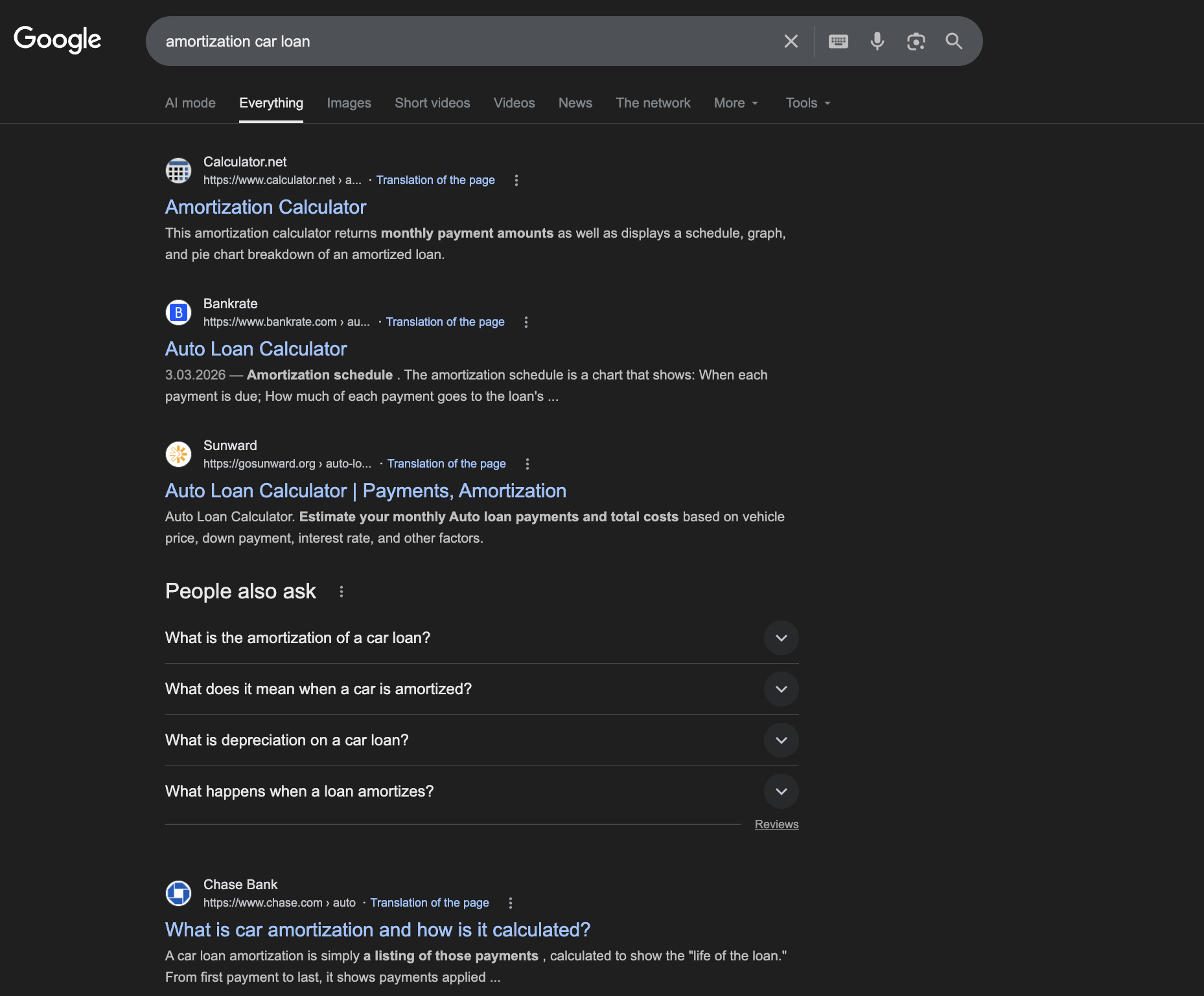 Google search results showing Sunward Federal Credit Union outranking Chase for 'amortization car loan'